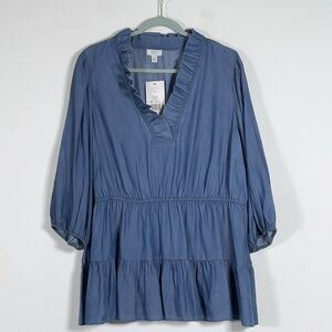 Crown & Ivy Chambray Ruffle V-Neck Tiered Top Sz Womens Sz 2X Blue 3/4 Sleeve